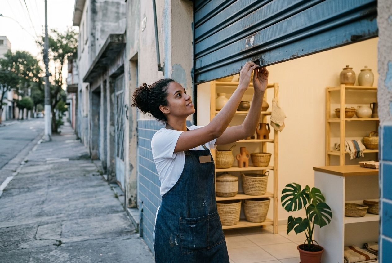 Jovem comerciante abrindo a porta de enrolar do seu comércio pela manhã