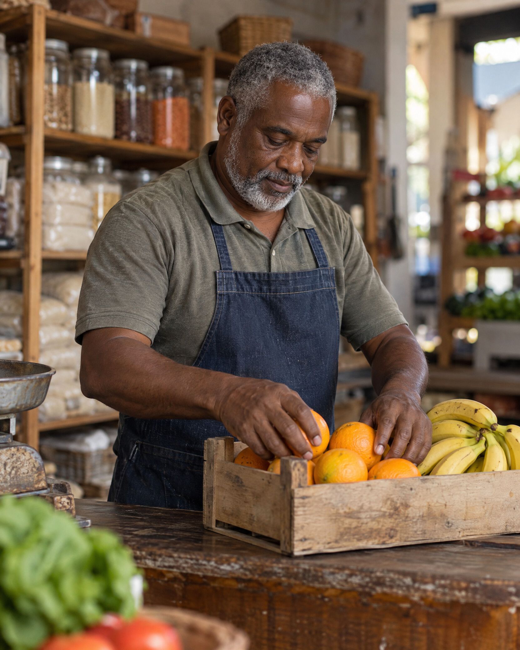 Dono de mercadinho arrumando frutas no balcão do próprio comércio