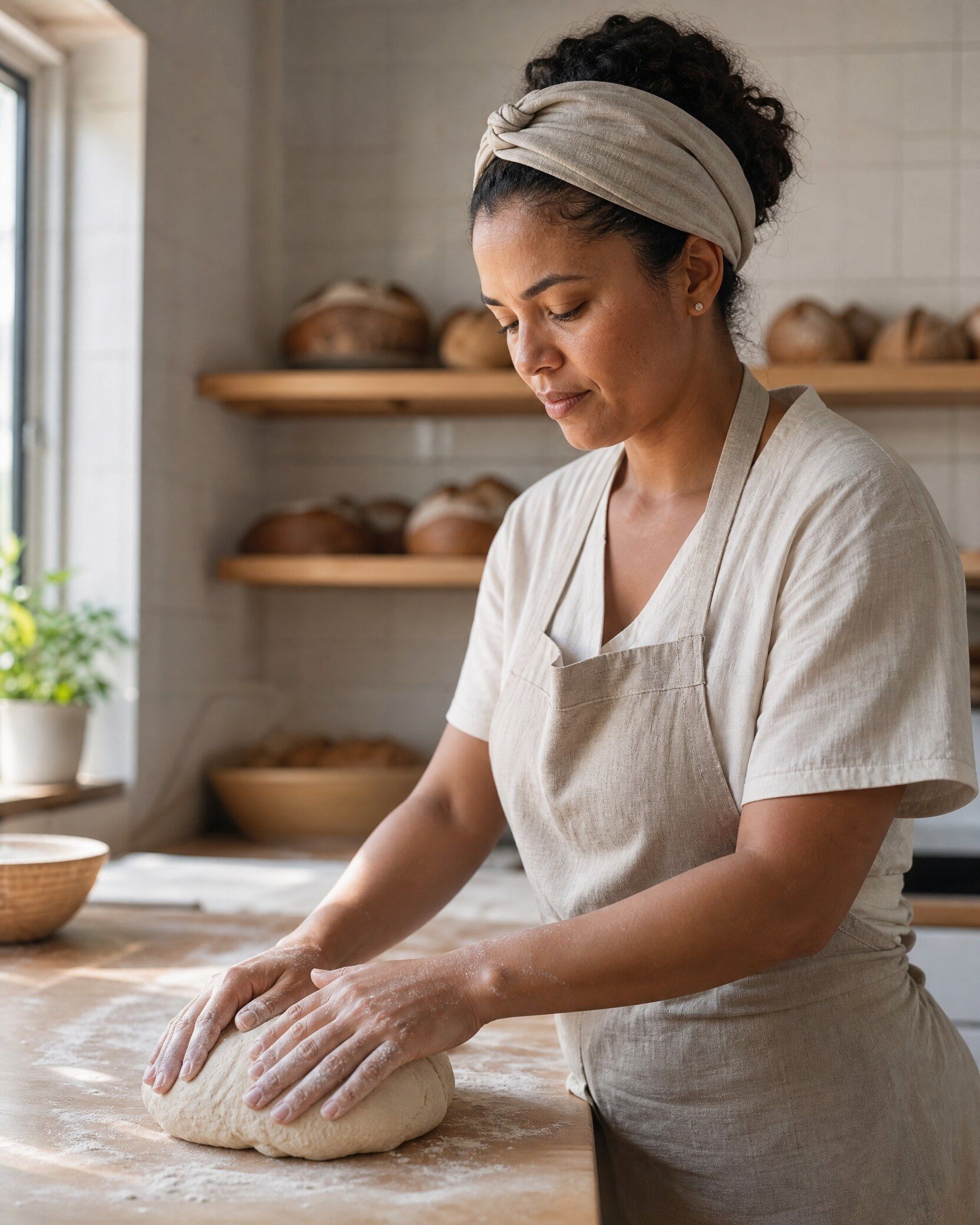 Dona de padaria modelando pães na bancada, de manhã cedo