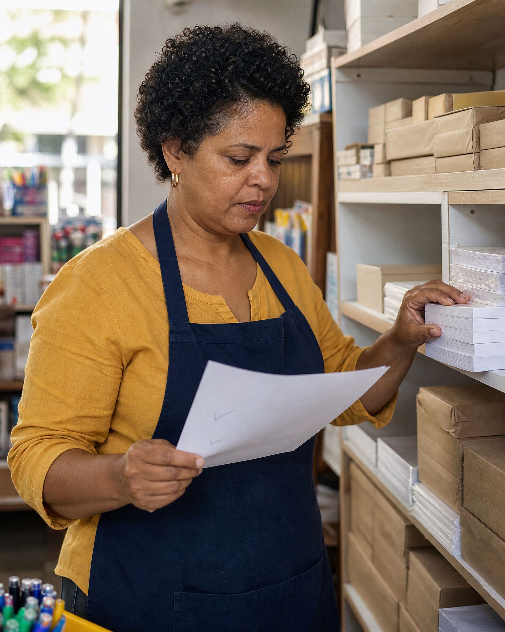 Empresária conferindo o estoque de uma pequena papelaria com uma lista na mão